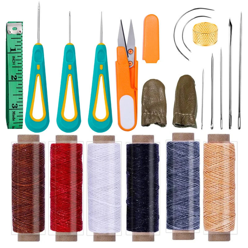 

Nonvor Professional Leather Sewing Kit With 6 Colors Waxed Thread Hand Sewing Stitching Punch Awl Supplies Leather Repair Tools