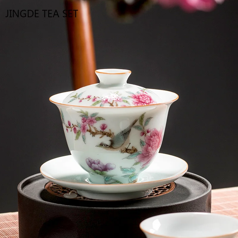 

Изысканная, с эмалью Женская чашка для чая ручная роспись цветы и птицы узор чайная чаша китайская фарфоровая чайная посуда для напитков 170 ...