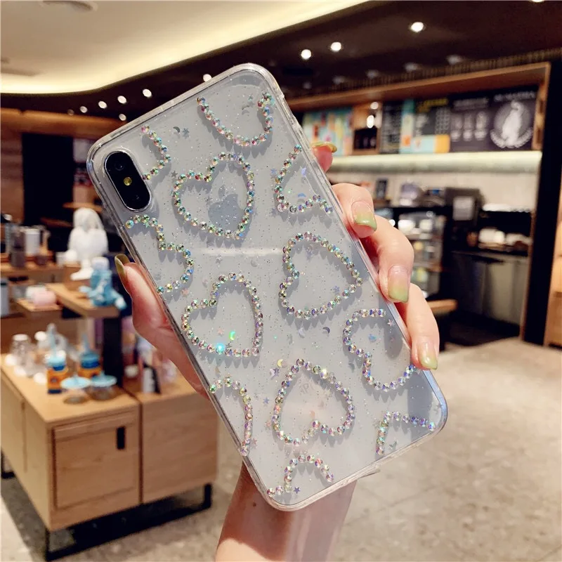 Sinocom Handa Glitter Love Heart Rhinestone Phone Case For iPhone12 11pro 13promax X XS XR XS Max 6 6S 7 8 Plus