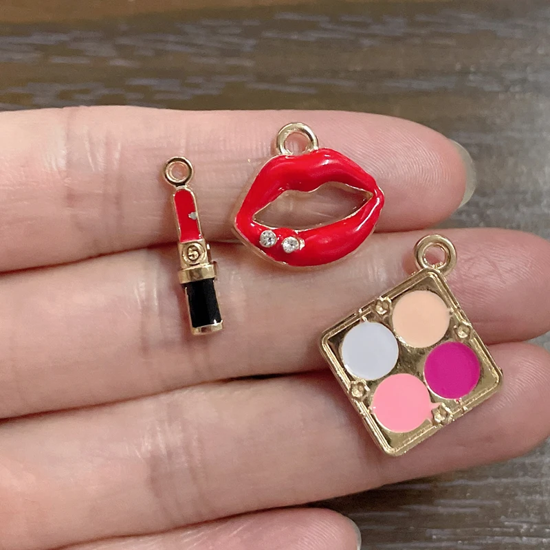 

10pcs Enamel Powder Makeup Box Lipstick Red Lip Charms For DIY Jewelry Making Bracelet Pendant Necklace Earrings Pendant Keyring