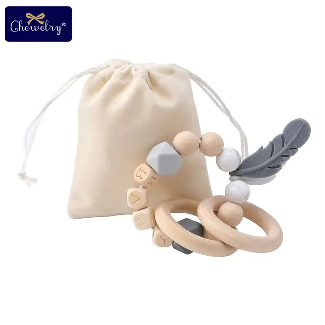 19CP0117 1 шт. детские игрушки Силиконовый браслет с перьями бука деревянные Прорезыватели для зубов DIY Детские Настраиваемые имя деревянные погремушки Прорезыватели грызунов - Цвет: 19CP0117