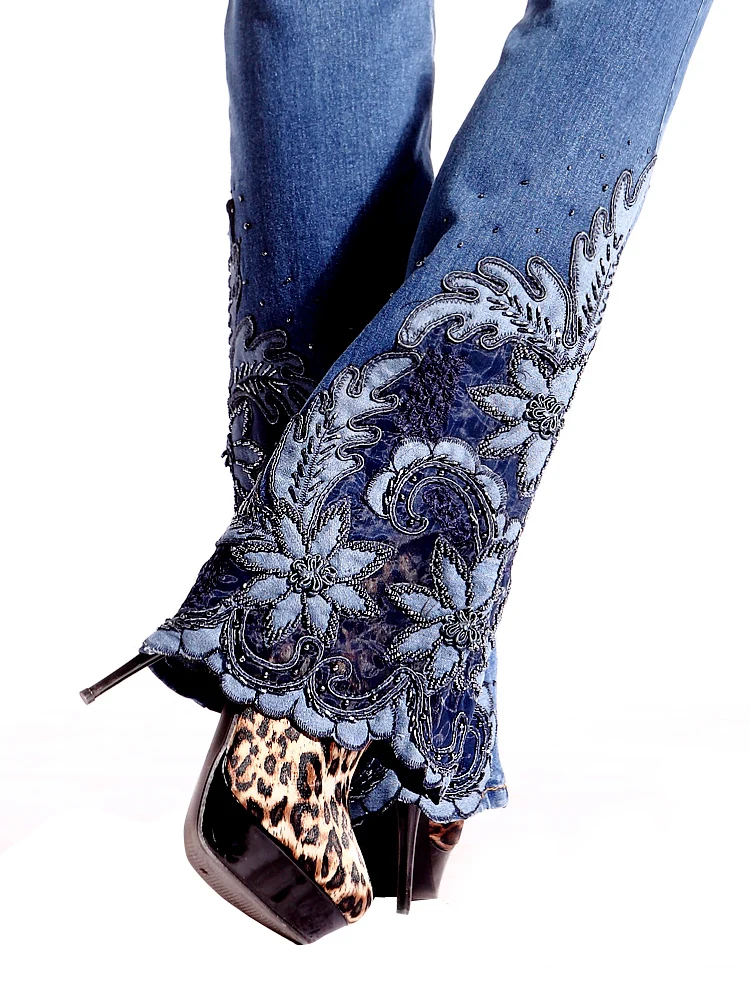 Весенние Новые Роскошные расклешенные женские ботинки с вышивкой средней талией