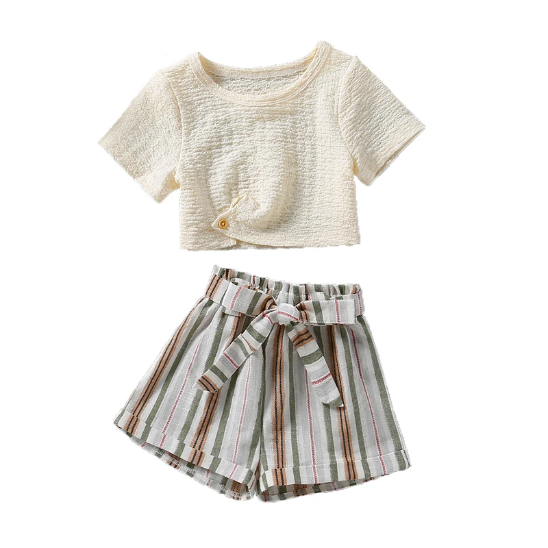 

2022 Children's Summer New Short-Sleeved Solid Color T-Shirt + Striped Shorts Fashion Casual Girls Two-Piece Set 2-6 Years Old