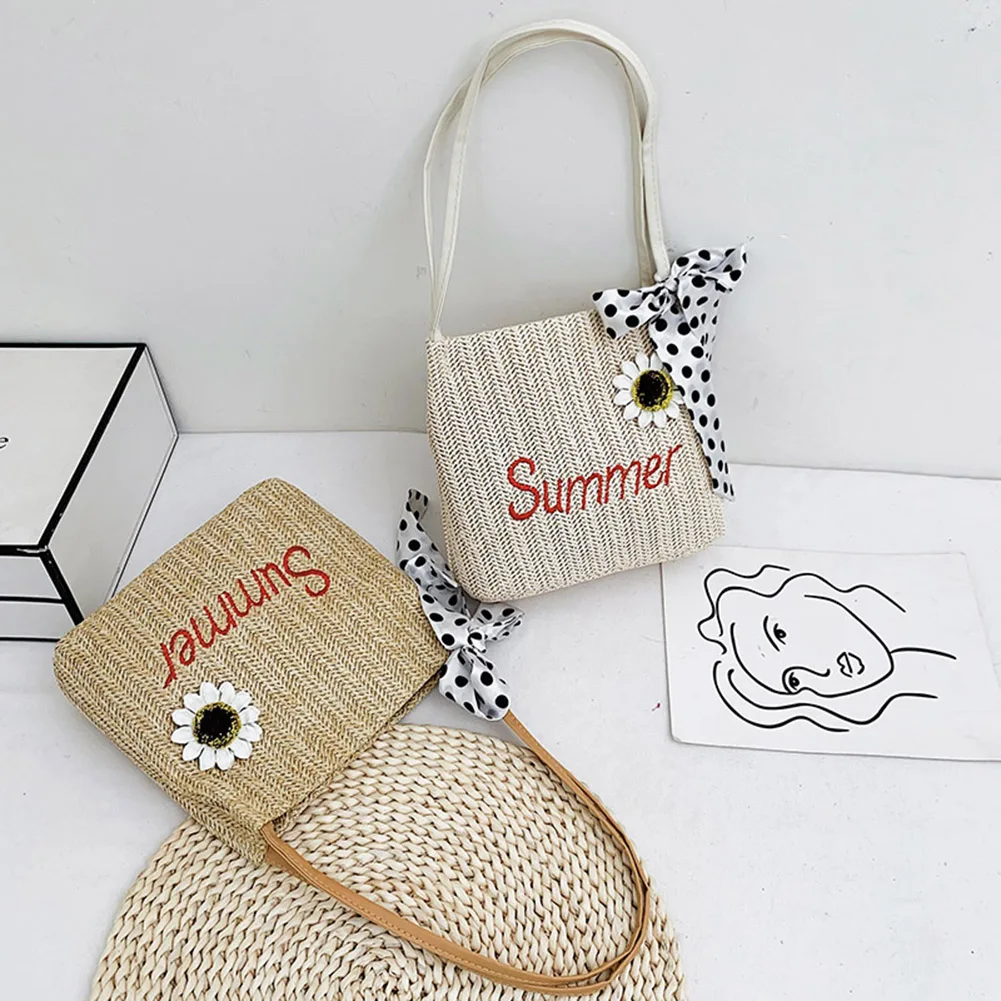 

Vintage Women Summer Woven Letters Embroidery Sunflower Silk Scarf Shoulder Shopping Bag Casual Ladies Small Bucket Tote Handbag