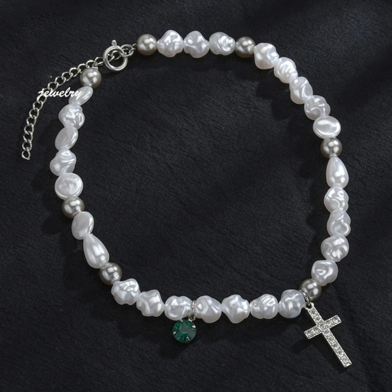 

Rhinestone Cross Charm Pendants Fashion Necklace Simulated Irregular Pearls Crystals Simply Necklace for Women Jewelry KX4C