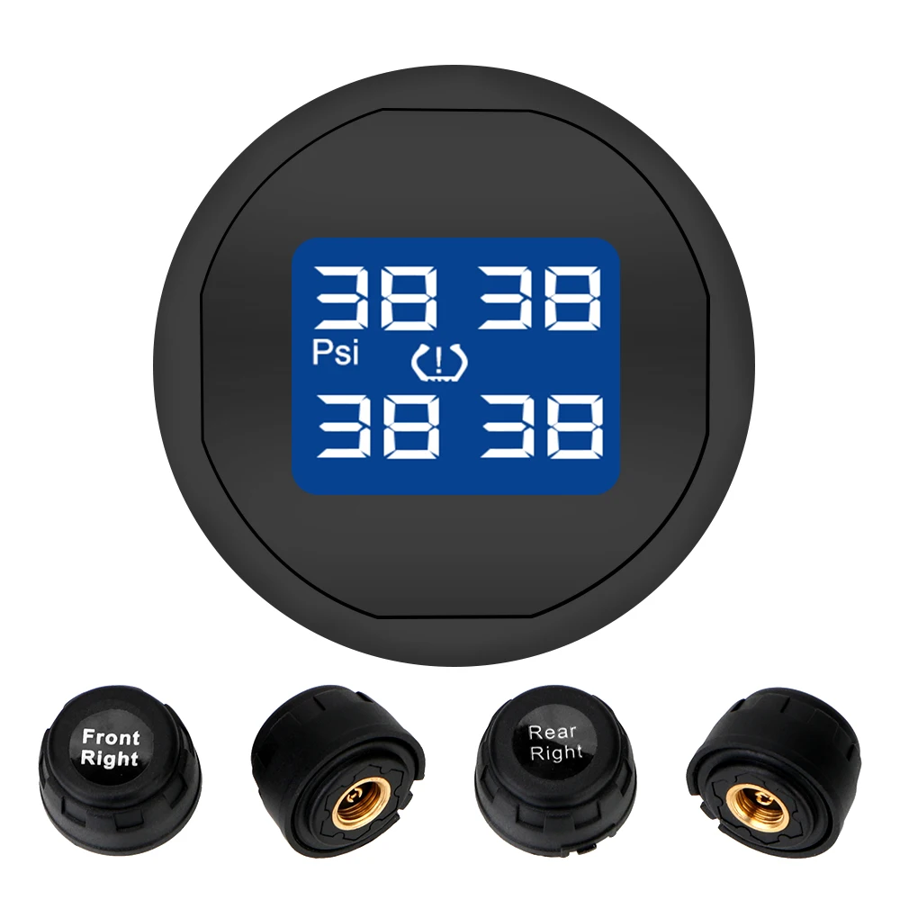 

TPMS Wireless Temperature Gauge Tire Pressure Monitor System with 4 Piece Valve-Cap Sensor Cigarette Lighter Plug