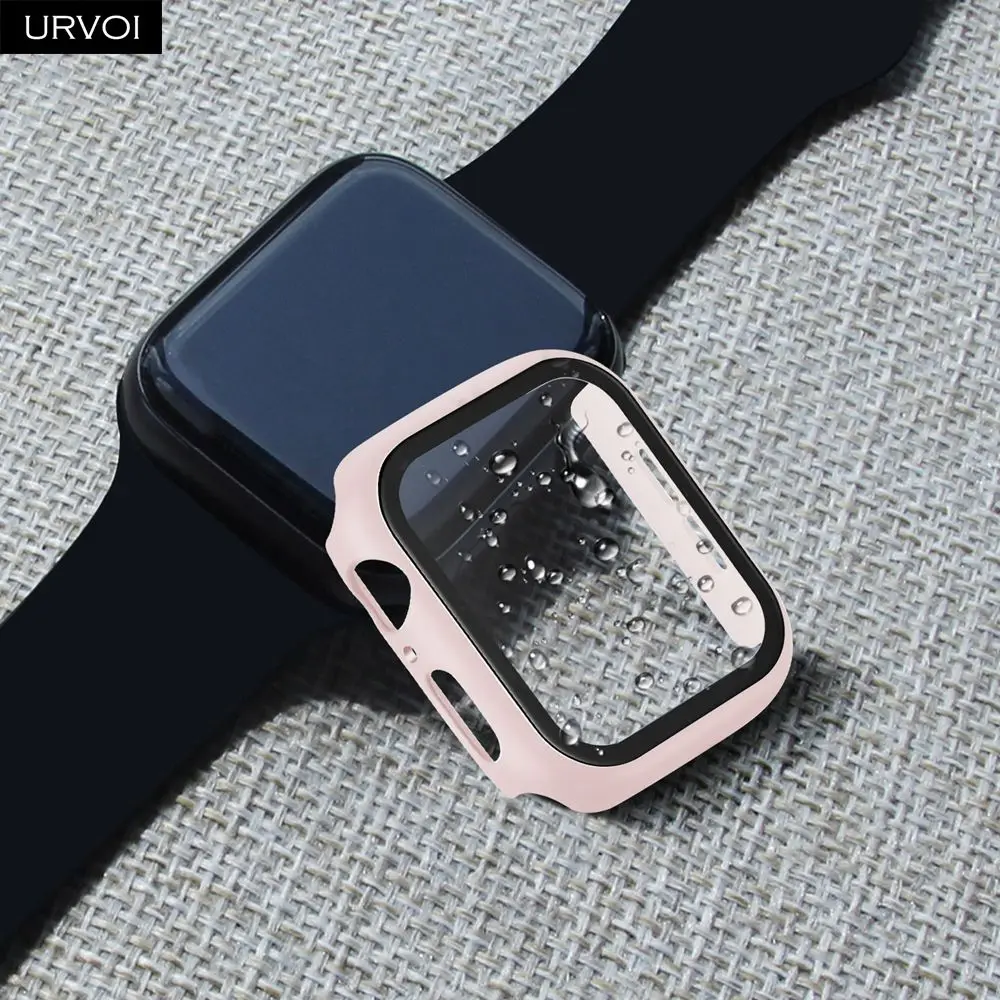 URVOI полное покрытие для Apple Watch series 5 4 3 2 Чехол 40 44 м матовый пластиковый бампер с закаленным стеклом для iWatch Pine Green band