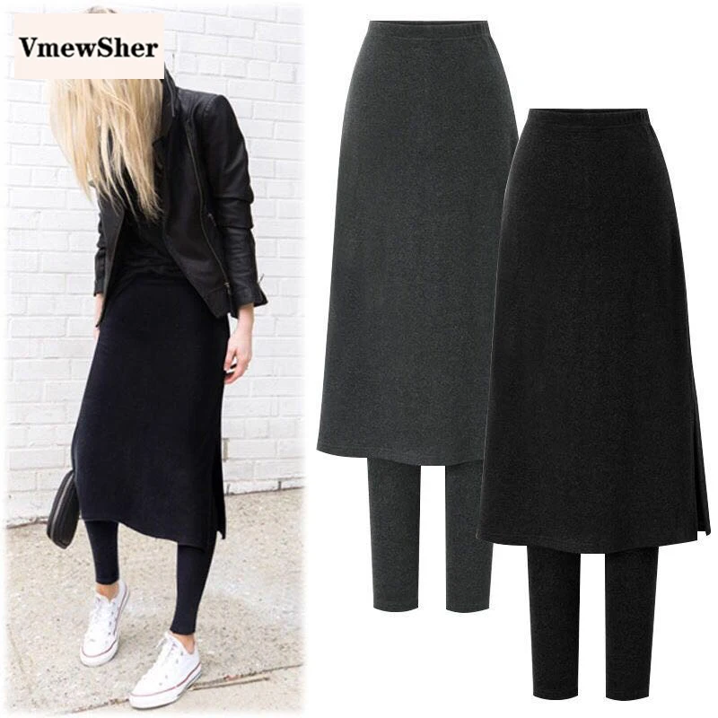 

VmewSher S-6XL Skirt Legging Women Warm Long Winter Black Skirt Tights Stretch Pants Short Plush Lining Pants Skirts