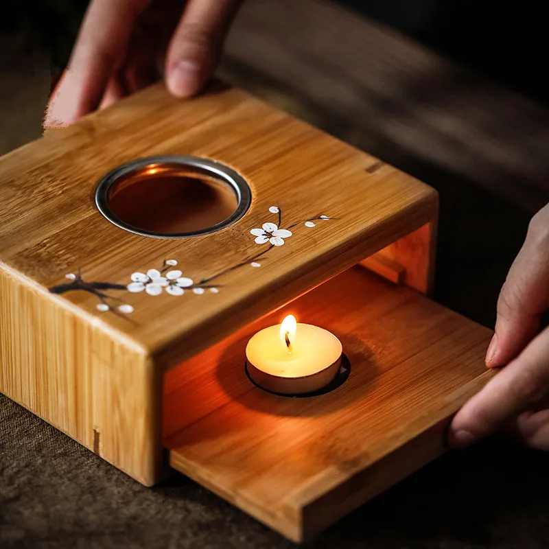 Mini Bamboo Candle Warm Tea Base Teapot Storage Rack Chinese Style Maker Set Stove with Candlestick Holders Accessories | Дом и сад