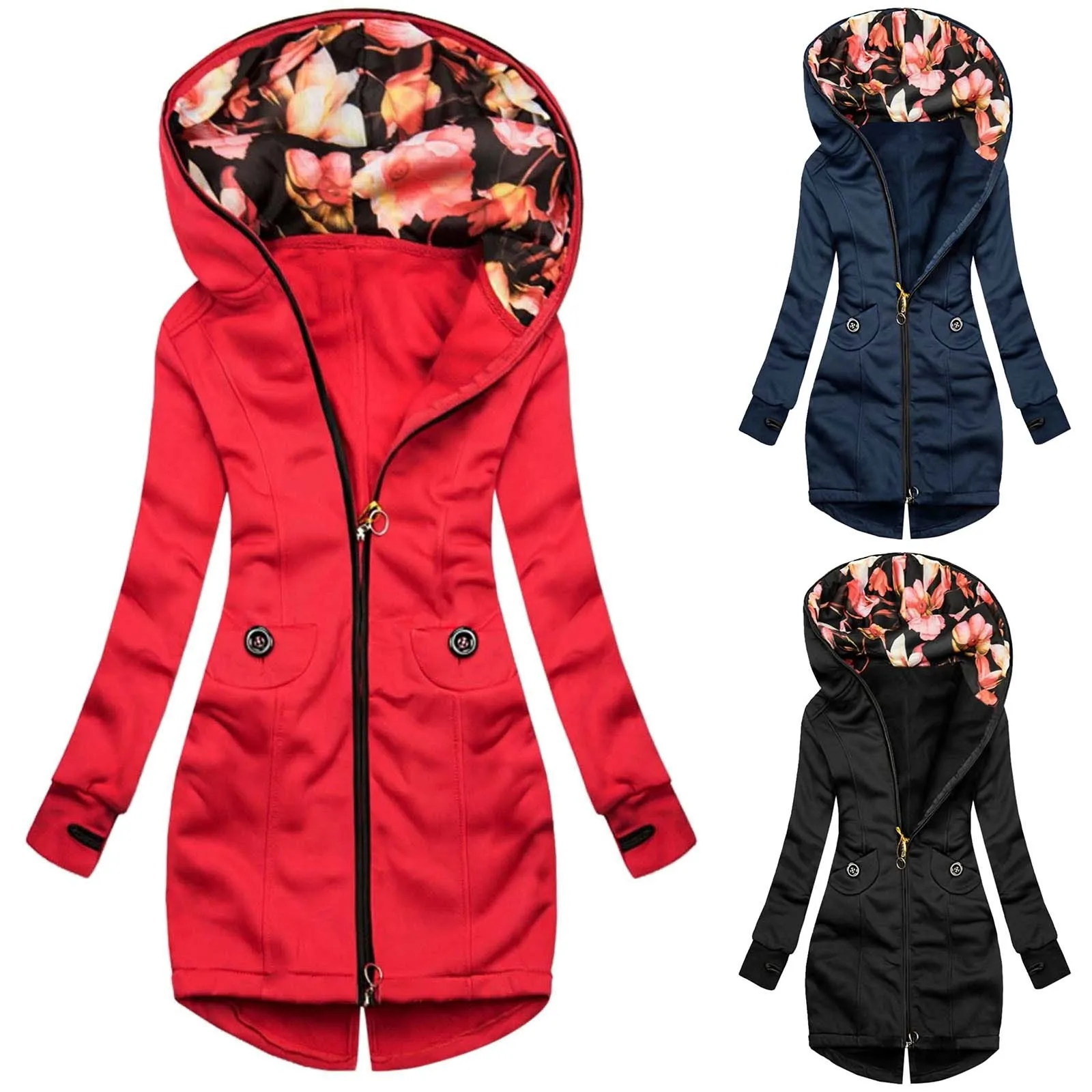 

Casual Women's Hoodie Long-Sleeved Pocket Zipper Sweatshirt Solid Color Zip-Up Hooded Jacket Slim Ladies Long Coat худи