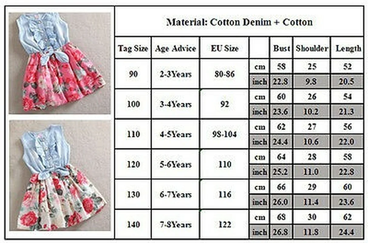

Kids Girls Denim Mini Floral Casual Dresses Holiday Party Sleeveless Short Dress