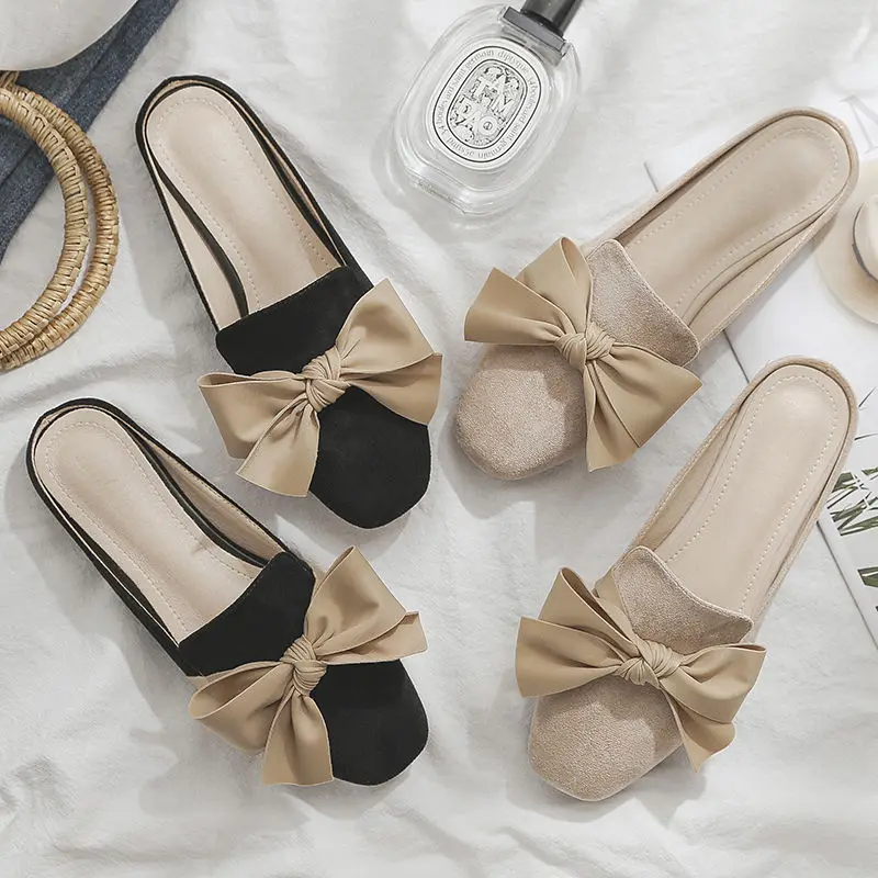 

Women New Summer Fashion Flat Slippers Ladies Student Lovely Bow Outgoing Flock Upper Shoes