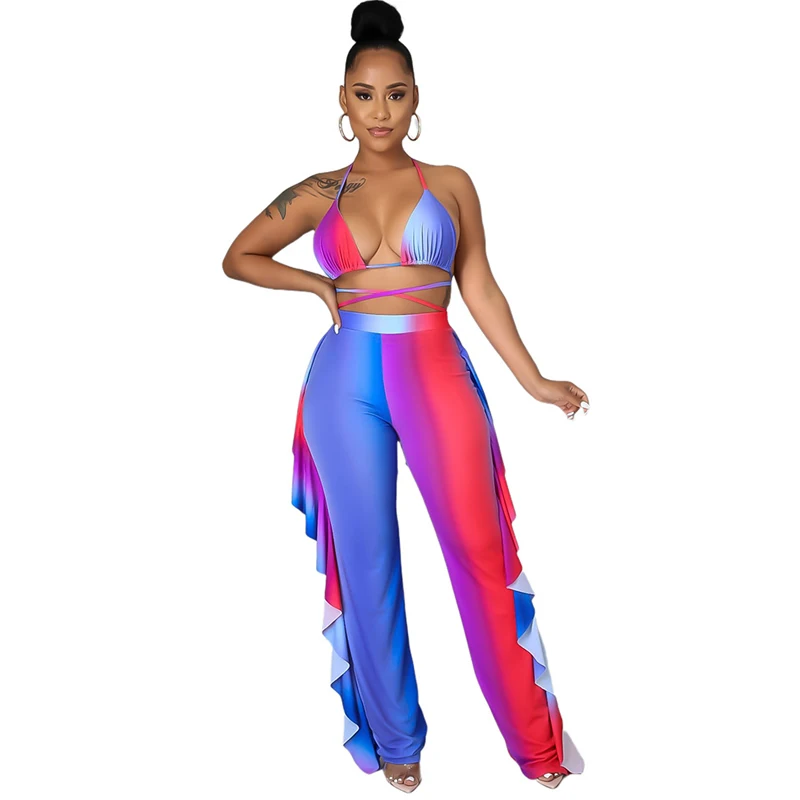 

2021 клуба 3 предмета в комплекте, подходит для женщин с лямкой на шее, комплекты со штанами, модный принт, топ c бретелькой через шею нижнее бел...