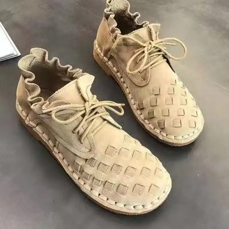 Женская повседневная обувь на плоской подошве со шнуровкой дышащая из мягкой