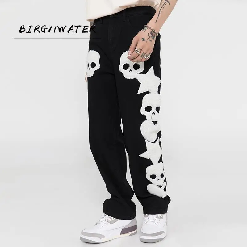 

Skull and Five Stars Towel Embroidery Ripped Jeans Mens Pants Harajuku Vibe Style Streetwear Oversize Casual Denim Trousers