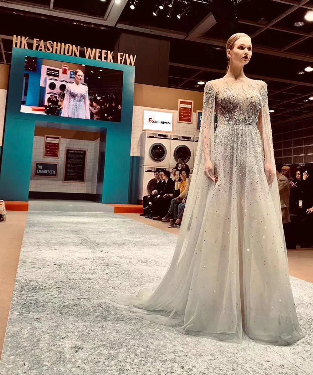 

Elegant Luxury Evening Dresses 2020 Long Sleeves O Neck Dubai Arabic Formal Party Gowns
