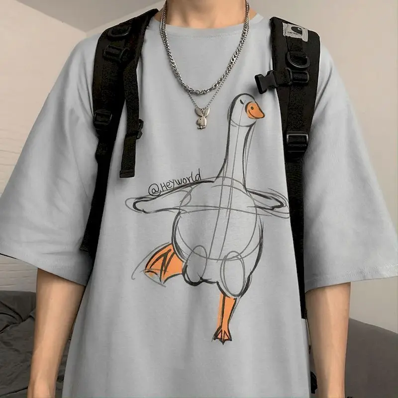 

2021 Summer T-shirt Oversized Short-sleeved T-shirts Men Women Cartoon Duck Print Loose Casual All-match Basic Cotton Top Tshirt