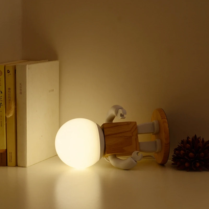 

Wooden Robot Desktop Table Lamp Creative Simple Home Bedroom Desk Night Light