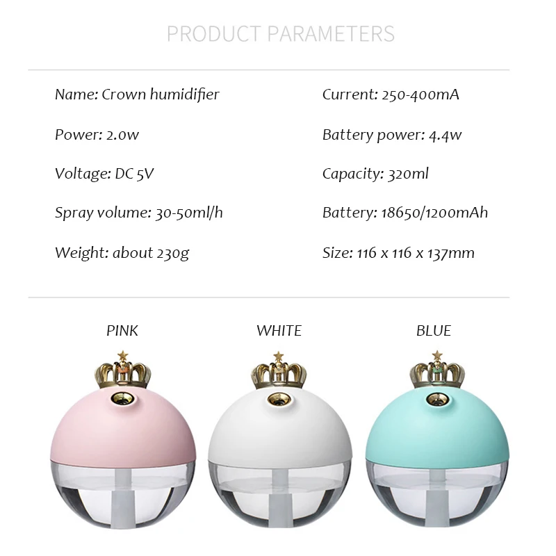 

Rechargeable Crown Air Humidifier USB Aromatherapy Essential Oil Diffuser 320ML Air Purifier For Home Mist Maker With Led Lights