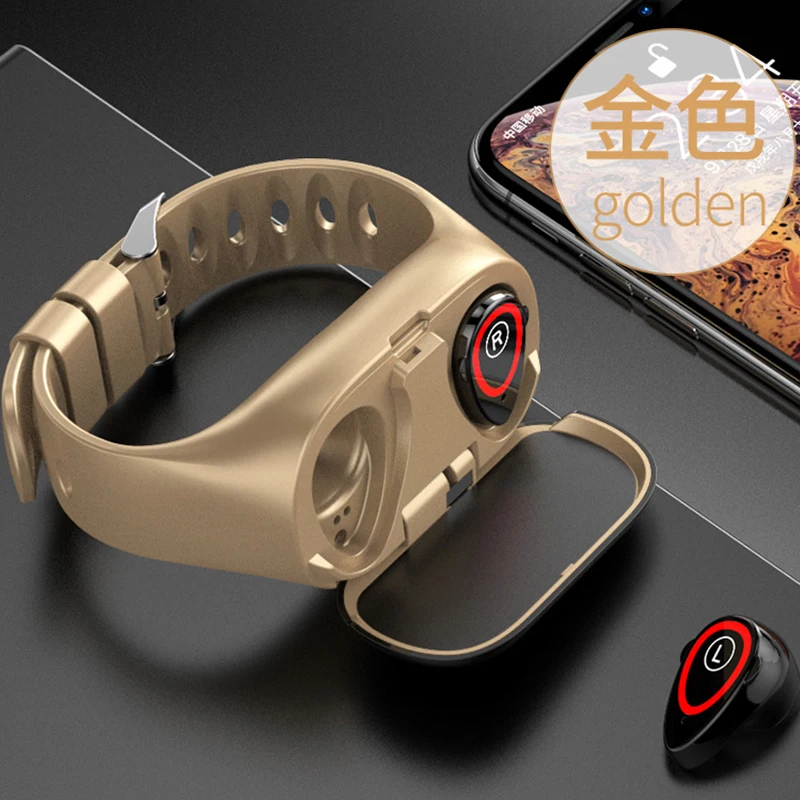 Gold Новые умные часы M1 с bluetooth-наушником, пульсометр, Bluetooth, смарт-браслет, фитнес-трекер, браслет PK Xiomi - Цвет: Gold