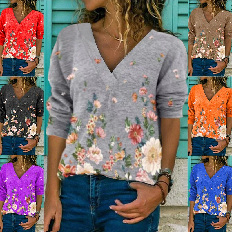 

2021 Autumn And Winter New Women's Blouse Shirt Cuihua Printing Casual Loose V-neck Long-sleeved Cotton Polyester Woman T-shirts