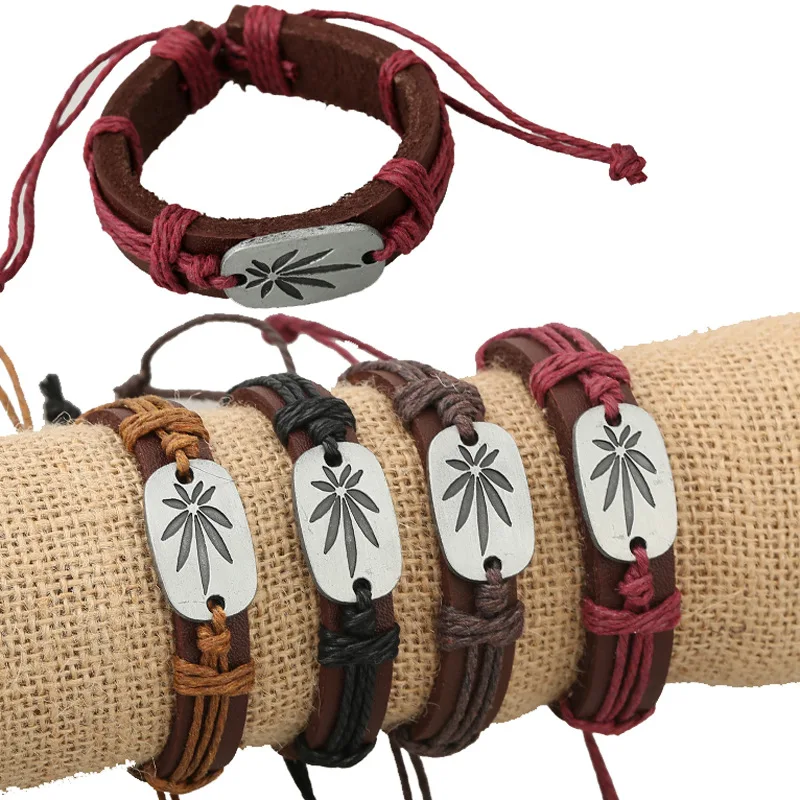 

Hand-woven men's retro fashion leather couple bracelet, simple maple leaf ethnic tribal charm punk wristband wholesale