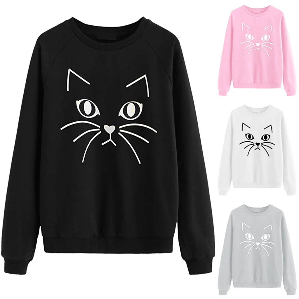Cat Print Crew Neck Women's T-shirt Women's Sweater