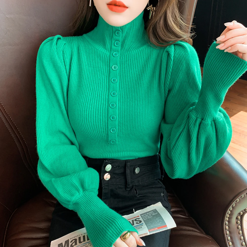 

Autumn Winter Women Turtleneck Sweaters 2021 Casual Breasted Basic Pullovers Knitted Jumper Lantern Sleeve Slim Tops