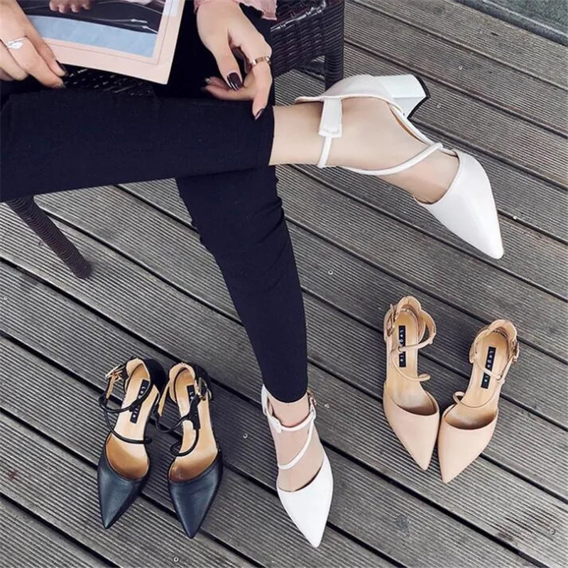 

2018 new sexy comfortable wild thick with single shoes pointed straps high heels shallow mouth fashion wild high heels