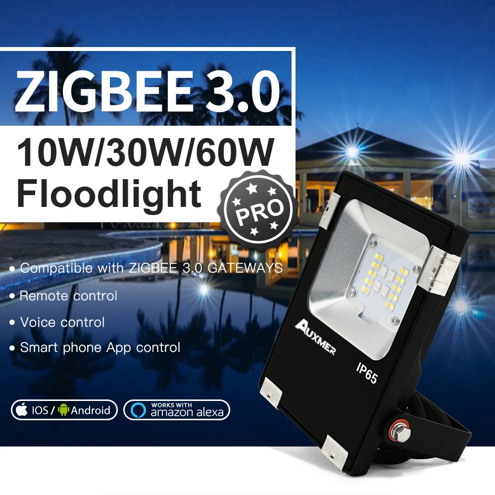 Прожектор Auxmer ZIGBEE 3 0 может управляться умным шлюзом и пультом дистанционного