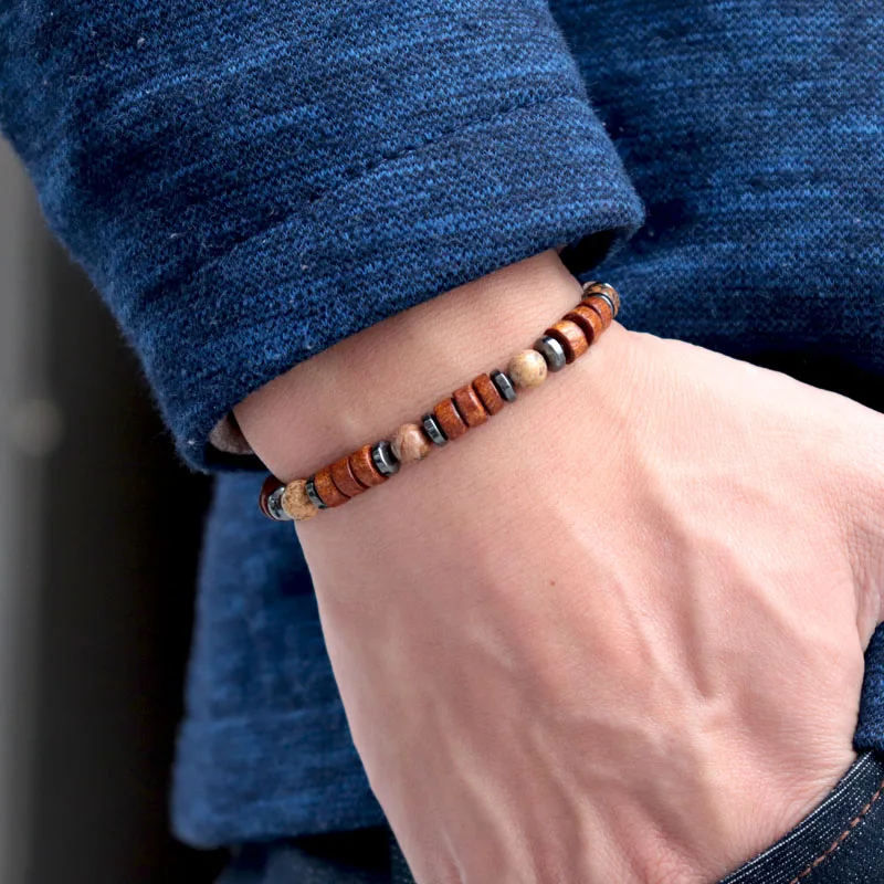 Мужской деревянный браслет ручной работы античный в стиле бохо с бисером мужской