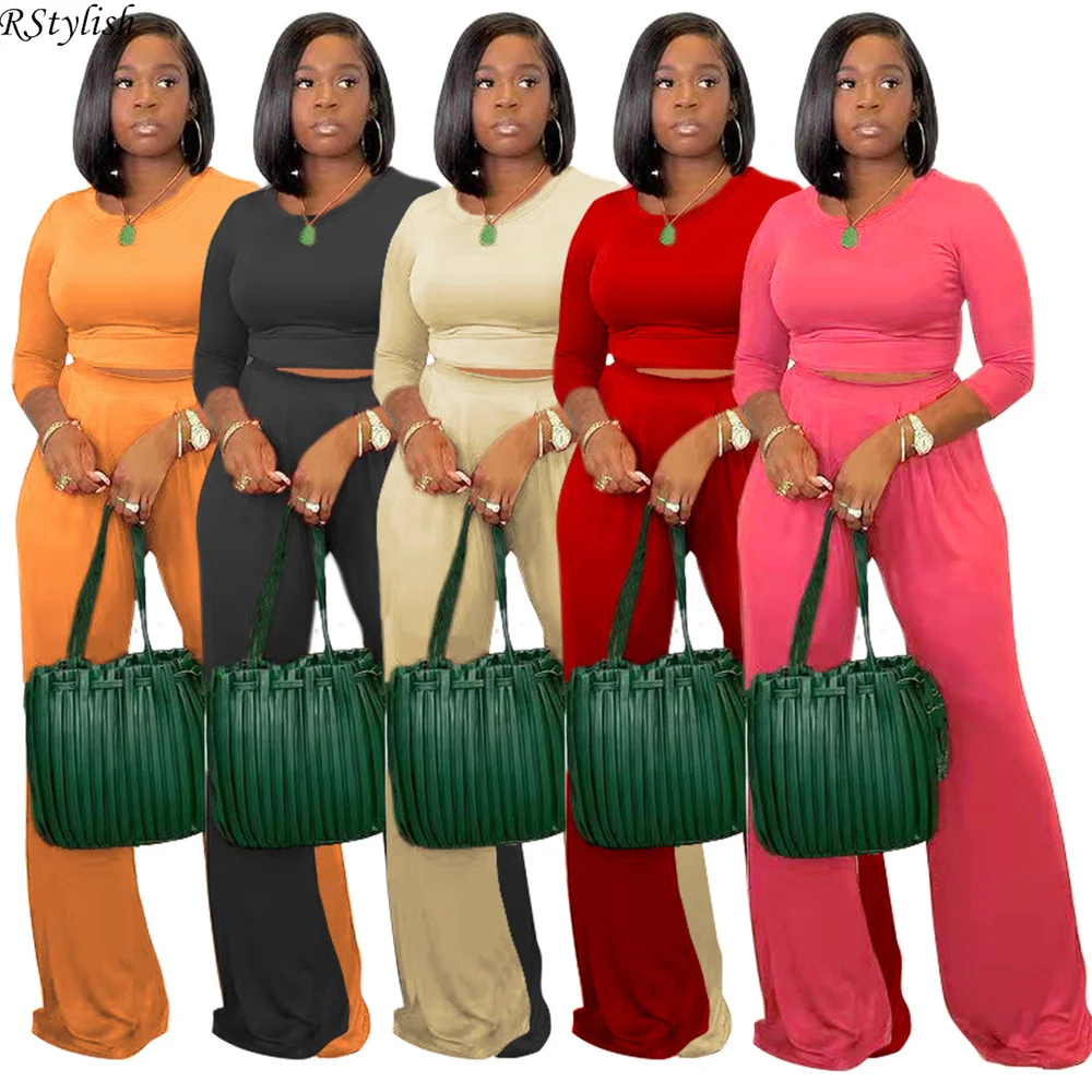 

Женский Повседневный Спортивный костюм, Однотонная футболка с длинным рукавом и круглым вырезом, свободные брюки с широкими штанинами, Осе...