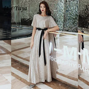 Evening Gown Long It's Yiiya BR347 Cap Sleeve A Line Robe De Soiree Tie Bow Evening Dresses Long Shining Formal Evening Dresses