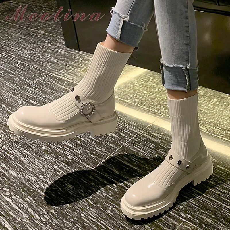 

Meotina Med Calf Boots Women Genuine Leather Crystal Shoes Thick Med Heel Sock Boots Knitting Pointed Toe Ladies Footwear Autumn