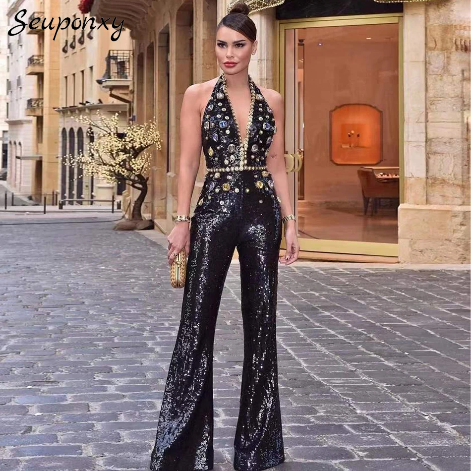 High Quality Black Women's Deep V Neck Sexy Luxury Shiny Diamond Bodycon Sequined Jumpsuit 2022 New Sleeveless Party Jumpsuit