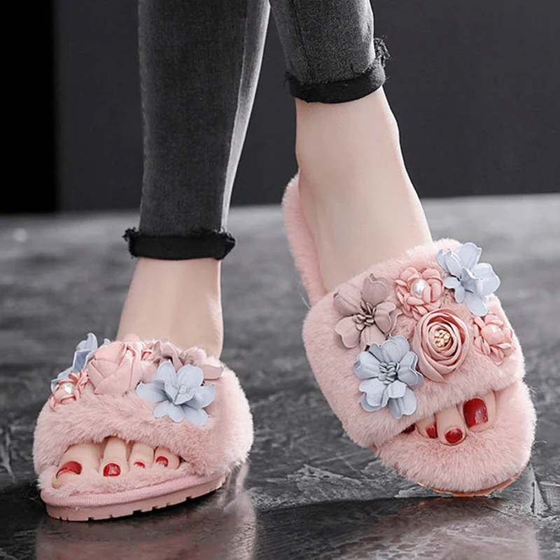 Тапки женские зимние меховые с цветами теплые без застежки плоская подошва