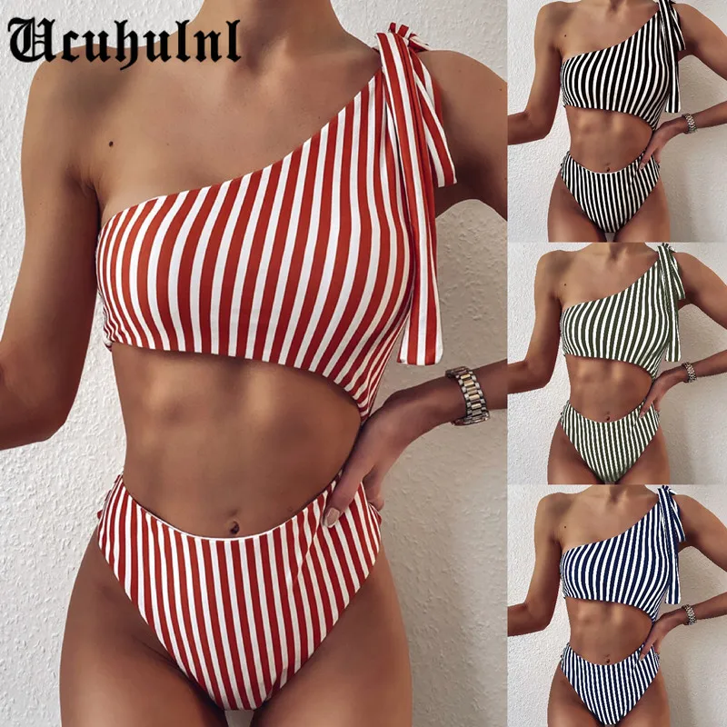 

2021Piece Swimsuit 2021 One Shoulder Swimwear Women Striped Monokini String Plus Size Bathing Suit Backless Knot Beach Wear