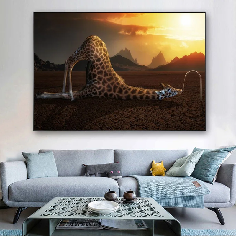 

Canvas Painting African Animal Giraffe Ramble on Savannah Modern Funny Poster Wall Art Picture for Living Room Decoration