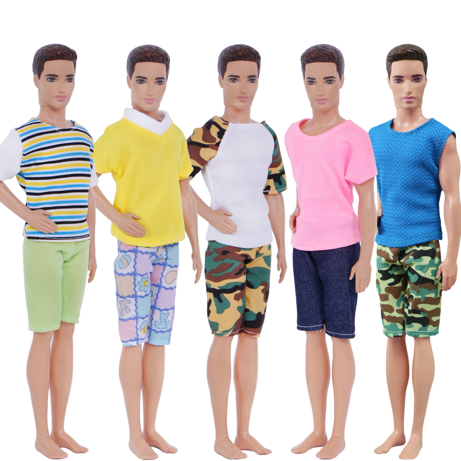 5 Pcs Men Outfits Mixed Style Stripe Camouflage T-Shirt Vest Plaid Shorts Pants Clothes for Barbie Doll Ken Accessories | Игрушки и