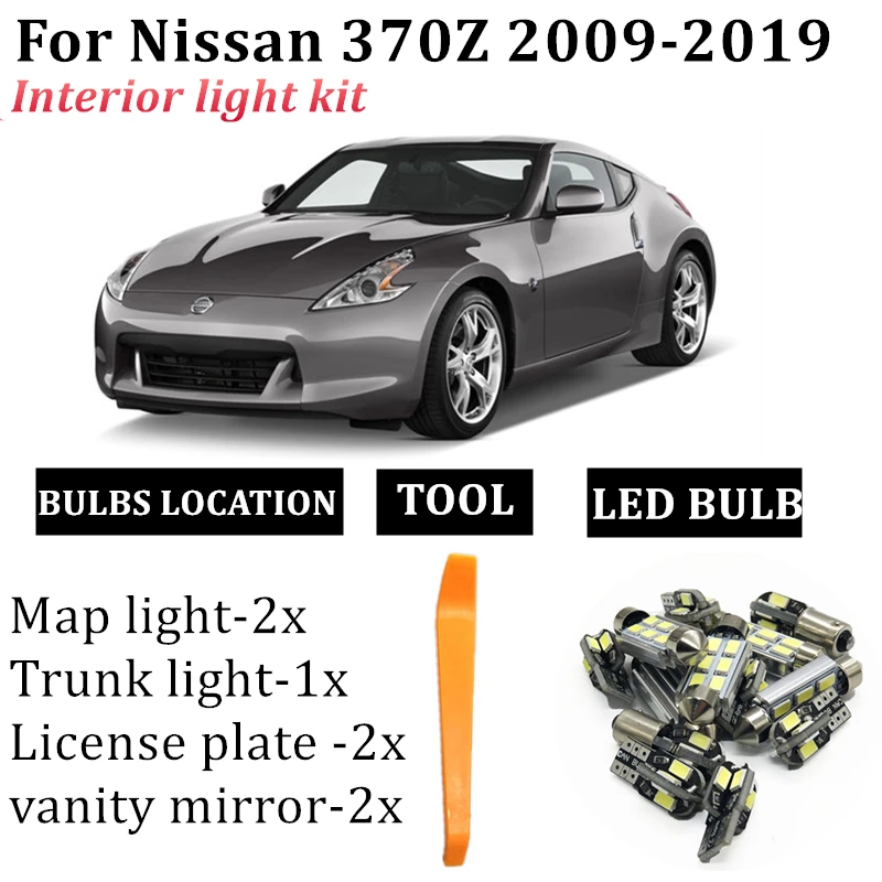 

7x Светодиодная лампа для освещения салона автомобиля посылка комплект для 2009-2019 Nissan 370Z карта багажник/грузовая зона номерного знака фары ав...