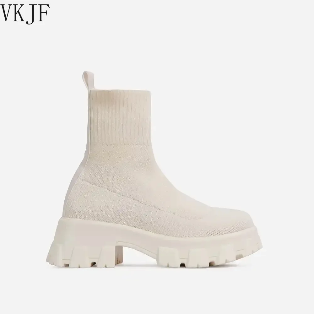 

Женские ботинки-носки из эластичной ткани, повседневные ботинки до середины икры на платформе, сетчатые красные вязаные короткие сапоги, бо...