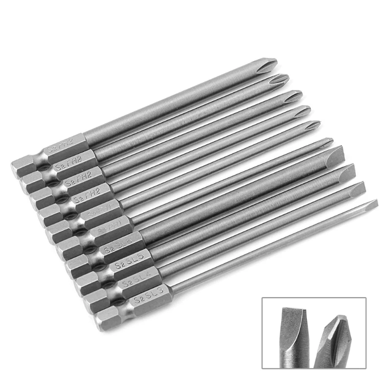 

10 Pcs Magnetic Slotted PH2 Screwdriver Bit S2 Steel 1/4 Hex Shank 100mm