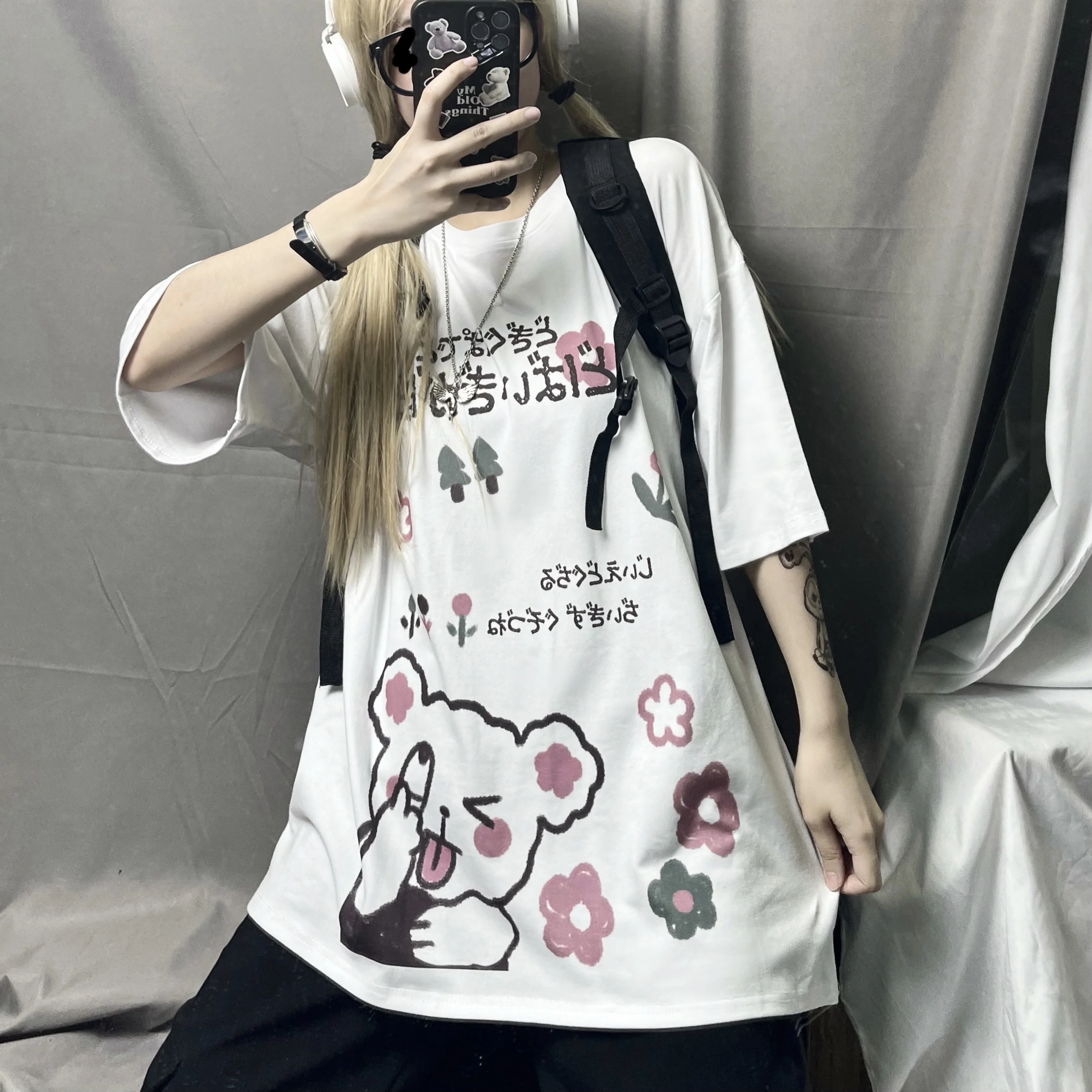 

Summer Japanese Harajuku style cartoon loose short sleeves Bear letter print T-shirt