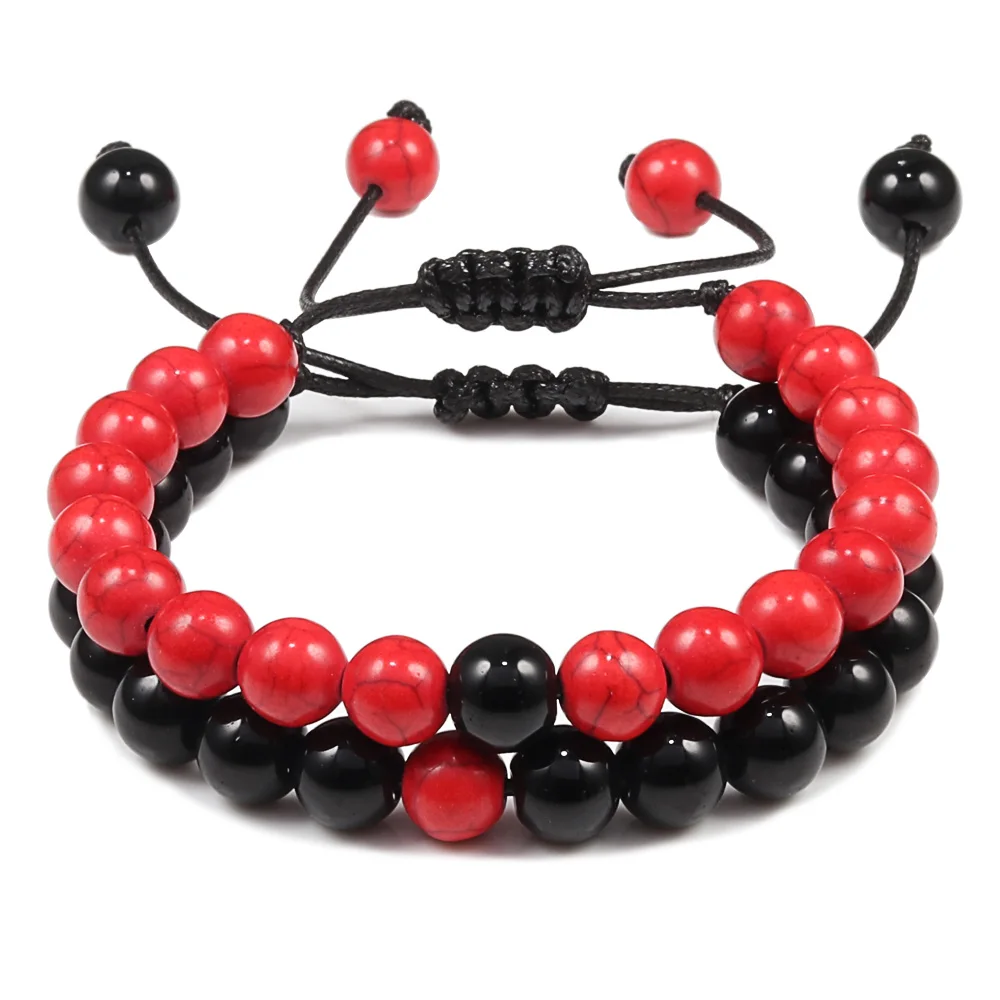 

2Pcs/Set Adjustable Beaded Bracelets Bangles Sets Natural Lava Stone Black White Weave Braiding Couple Bracelet For Women Men