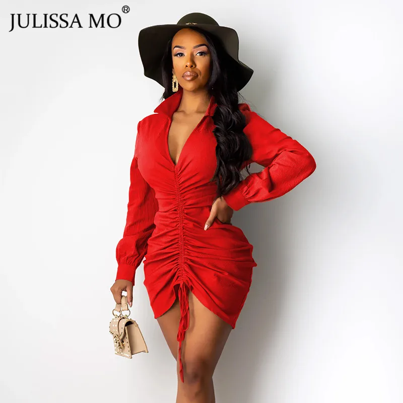 JULISSA MO черное сексуальное Плиссированное мини-платье женские короткие осенние платья с длинным рукавом Дамский модный шнурок кружевное платье Bocycon