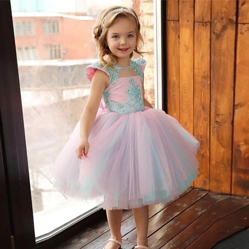 

Pink Mint Aline Princess Flower Girl Dresses Knee Length Birthday Pageant Communion Robe De Demoiselle Bridal Kids Wedding Party