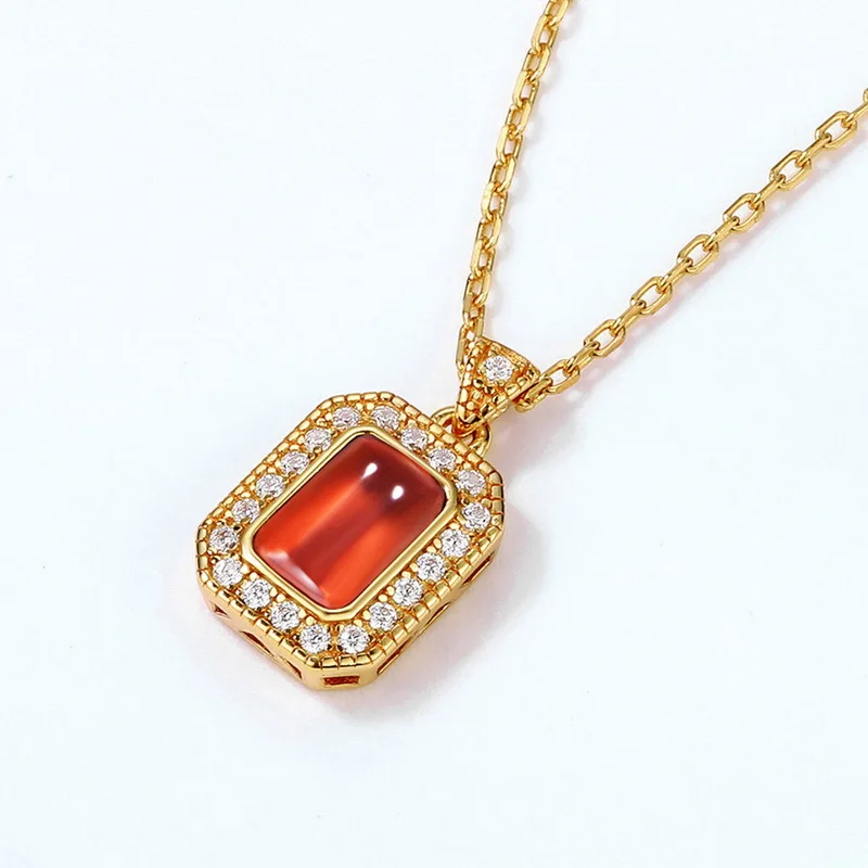 

Korean light luxury retro red garnet necklace female net red live s925 silver plated gold lace long brand neck chain