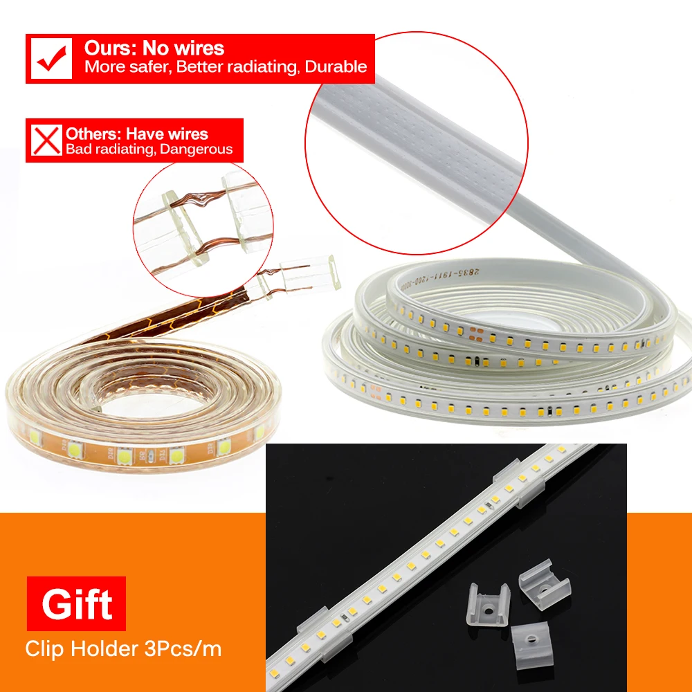 

220V 110V LED Strip 2835 High Safety High Brightness 120LEDs/m Flexible LED Light Outdoor Waterproof LED Strip Light.