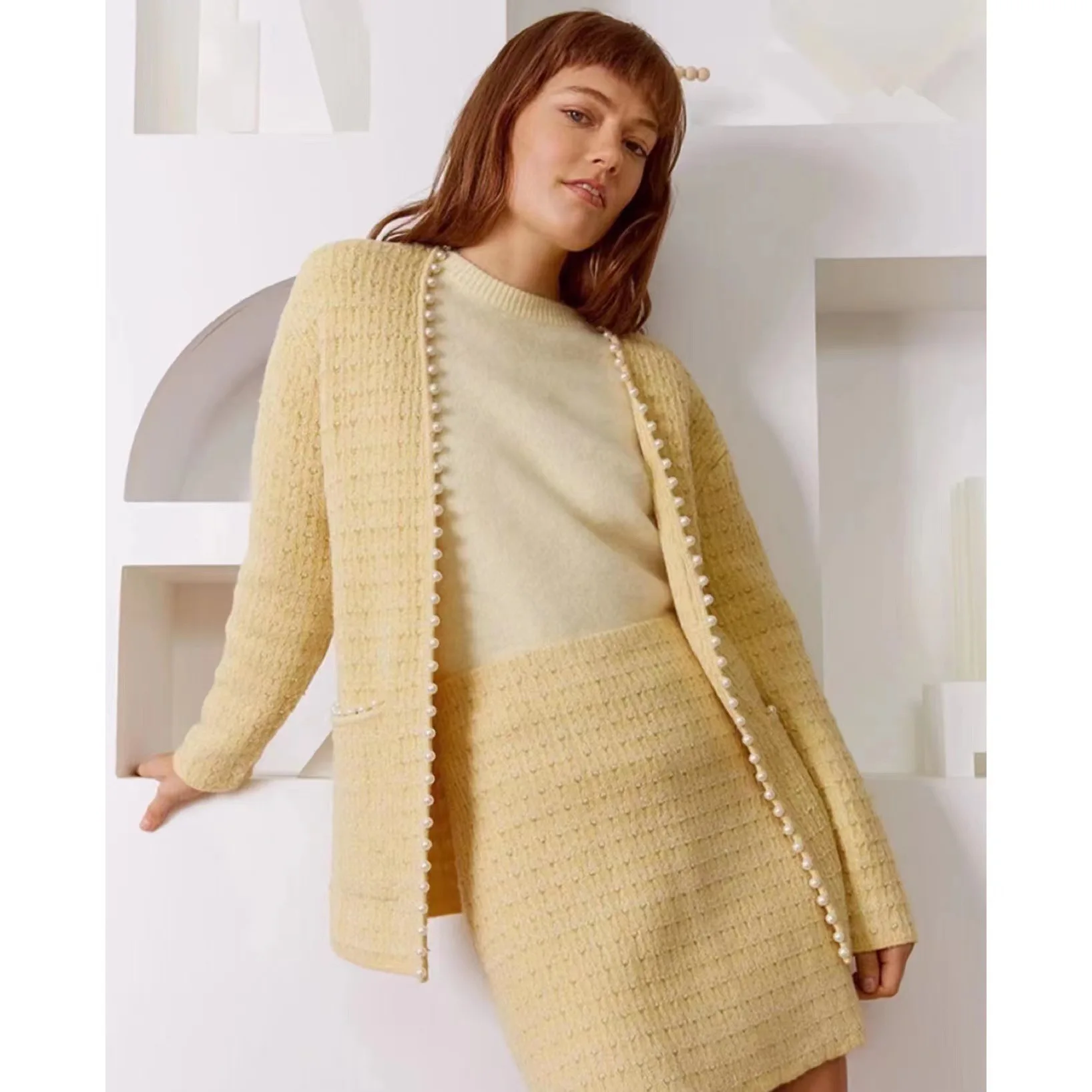 

CRUSH COLLECTION 2022 French Autumn and Winter New Fancy Pearl Cardigan Women Sweater Loose Tops Small Fragrant Wind Jacket
