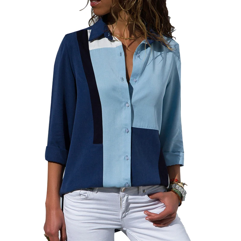 CINESSD Women Chiffon Blouses V Neck Long Sleeves Blue& White Striped Patchwork Button Cardigan Casual Tops Tee Shirts Blouse